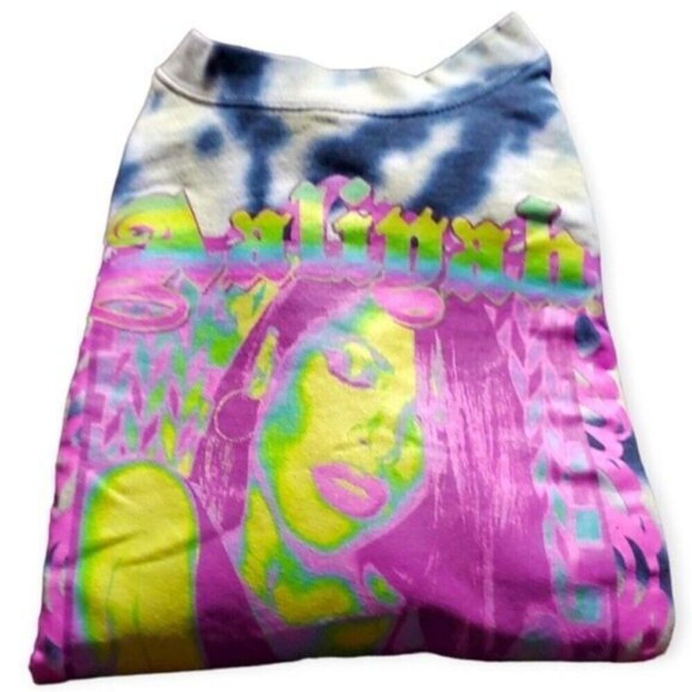 AALIYAH Blue Tie Dye Crew Neck Neon Screen Print Pullover Sweatshirt L FLAWED * - Picture 5 of 8